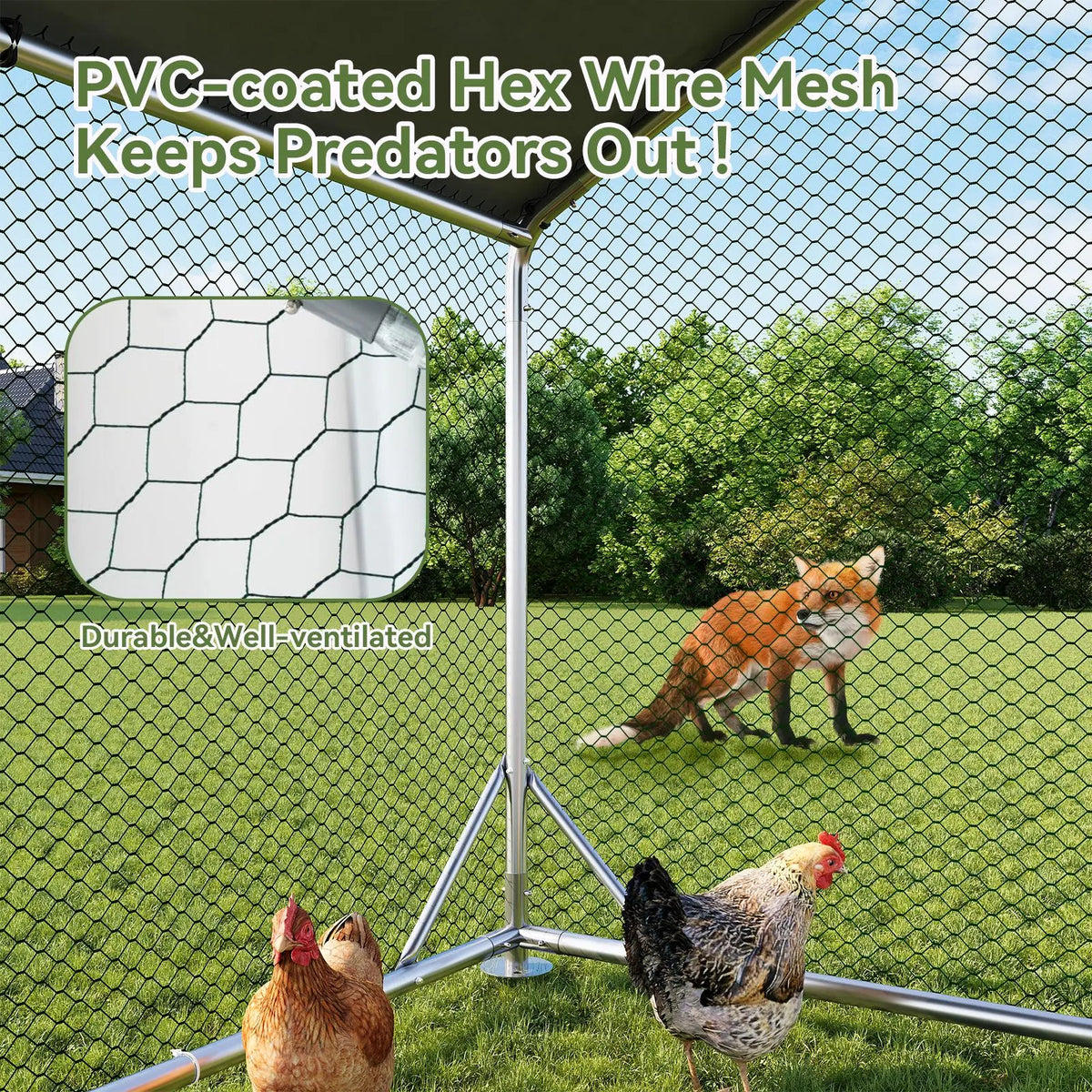 Large Metal Poultry Coop - Enclosed Poultry Hutch with Hexagonal Mesh Cover, Galvanized Steel Build, 420D Oxford Fabric Spire Peak Roof, Security Lock, All-Season Weather Protection for Yard & Farm