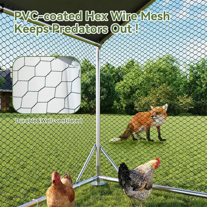 Large Metal Poultry Coop - Enclosed Poultry Hutch with Hexagonal Mesh Cover, Galvanized Steel Build, 420D Oxford Fabric Spire Peak Roof, Security Lock, All-Season Weather Protection for Yard & Farm