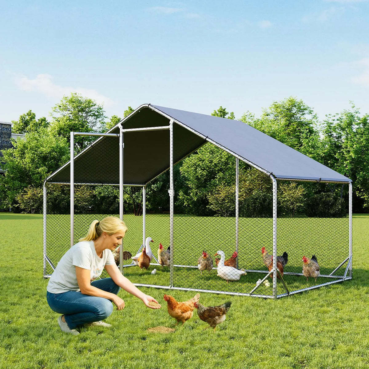 Large Metal Poultry Coop - Enclosed Poultry Hutch with Hexagonal Mesh Cover, Galvanized Steel Build, 420D Oxford Fabric Spire Peak Roof, Security Lock, All-Season Weather Protection for Yard & Farm