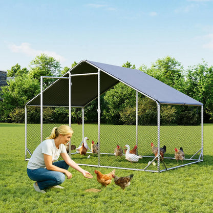 Large Metal Poultry Coop - Enclosed Poultry Hutch with Hexagonal Mesh Cover, Galvanized Steel Build, 420D Oxford Fabric Spire Peak Roof, Security Lock, All-Season Weather Protection for Yard & Farm
