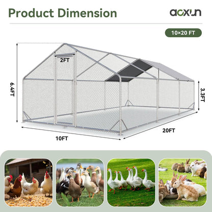 Large Metal Poultry Coop - Enclosed Poultry Hutch with Hexagonal Mesh Cover, Galvanized Steel Build, 420D Oxford Fabric Spire Peak Roof, Security Lock, All-Season Weather Protection for Yard & Farm