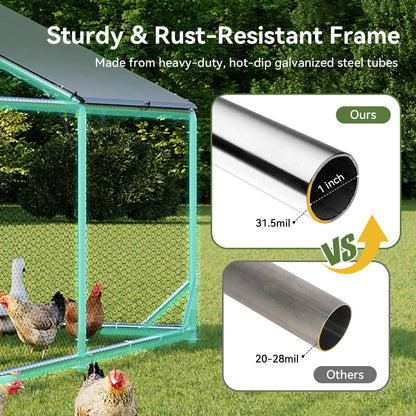 Large Metal Poultry Coop - Enclosed Poultry Hutch with Hexagonal Mesh Cover, Galvanized Steel Build, 420D Oxford Fabric Spire Peak Roof, Security Lock, All-Season Weather Protection for Yard & Farm