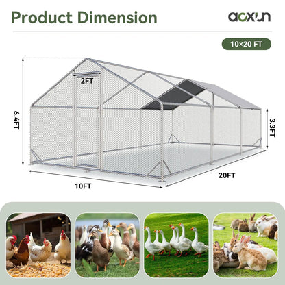 Large Metal Poultry Coop - Enclosed Poultry Hutch with Hexagonal Mesh Cover, Galvanized Steel Build, 420D Oxford Fabric Spire Peak Roof, Security Lock, All-Season Weather Protection for Yard & Farm