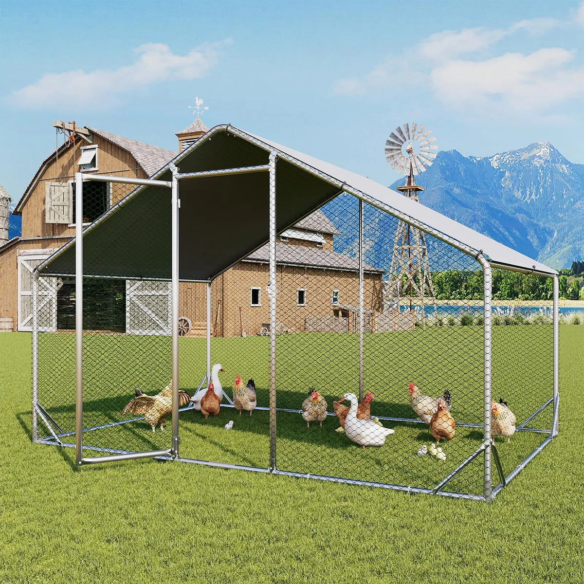 Large Metal Poultry Coop - Enclosed Poultry Hutch with Hexagonal Mesh Cover, Galvanized Steel Build, 420D Oxford Fabric Spire Peak Roof, Security Lock, All-Season Weather Protection for Yard & Farm