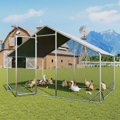 Large Metal Poultry Coop - Enclosed Poultry Hutch with Hexagonal Mesh Cover, Galvanized Steel Build, 420D Oxford Fabric Spire Peak Roof, Security Lock, All-Season Weather Protection for Yard & Farm