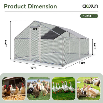 Large Metal Poultry Coop - Enclosed Poultry Hutch with Hexagonal Mesh Cover, Galvanized Steel Build, 420D Oxford Fabric Spire Peak Roof, Security Lock, All-Season Weather Protection for Yard & Farm