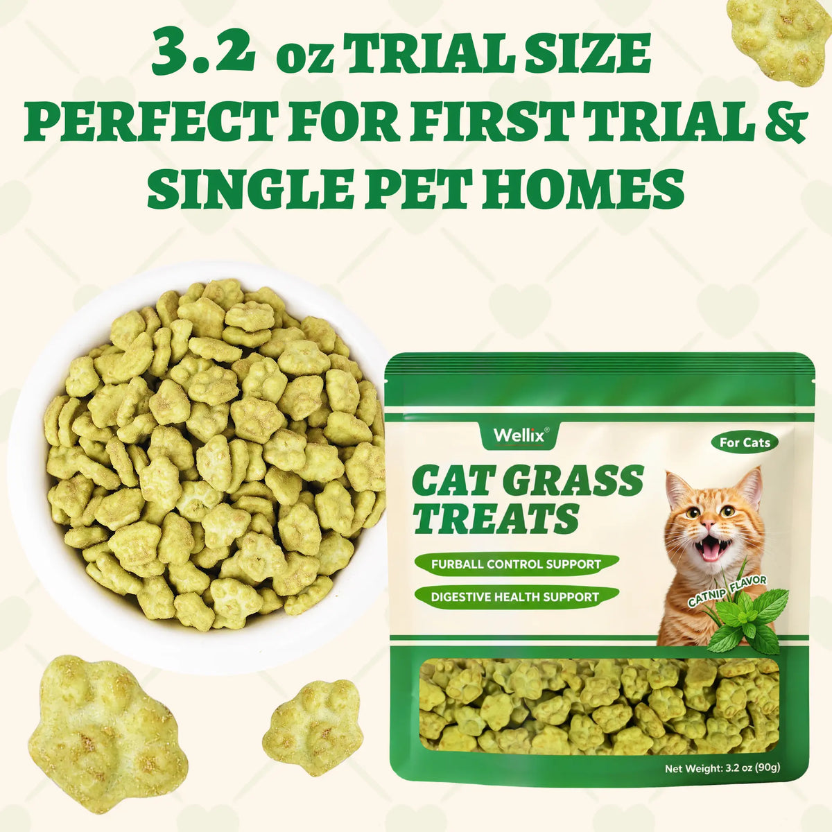 Wellix Cat Treats for Indoor Cats Hairball Control Natural Salmon Healthy Cat Grass Treats Kitten Snacks Training Biscuits Catnip for Cats Dental Care 3.17Oz