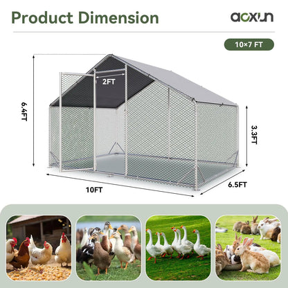 Large Metal Poultry Coop - Enclosed Poultry Hutch with Hexagonal Mesh Cover, Galvanized Steel Build, 420D Oxford Fabric Spire Peak Roof, Security Lock, All-Season Weather Protection for Yard & Farm