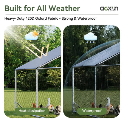 Large Metal Poultry Coop - Enclosed Poultry Hutch with Hexagonal Mesh Cover, Galvanized Steel Build, 420D Oxford Fabric Spire Peak Roof, Security Lock, All-Season Weather Protection for Yard & Farm