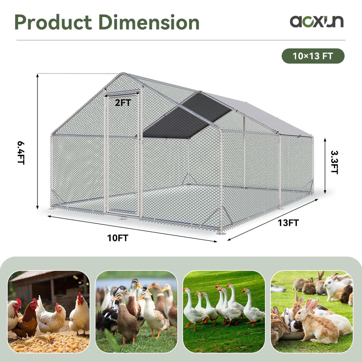 Large Metal Poultry Coop - Enclosed Poultry Hutch with Hexagonal Mesh Cover, Galvanized Steel Build, 420D Oxford Fabric Spire Peak Roof, Security Lock, All-Season Weather Protection for Yard & Farm